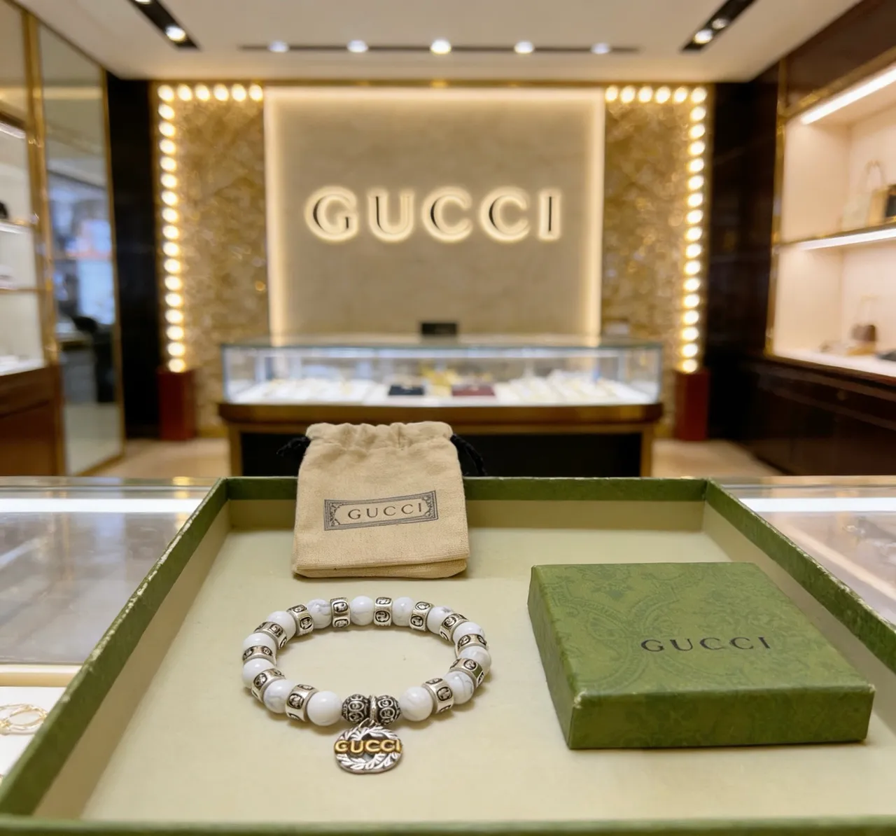 Gucci White Silver Beaded Marble-Effect Bracelet 5