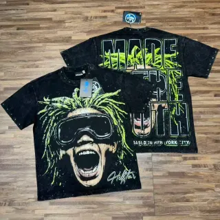 Hellstar Acid-Green Graphic Print Distressed Black Oversized T-Shirt