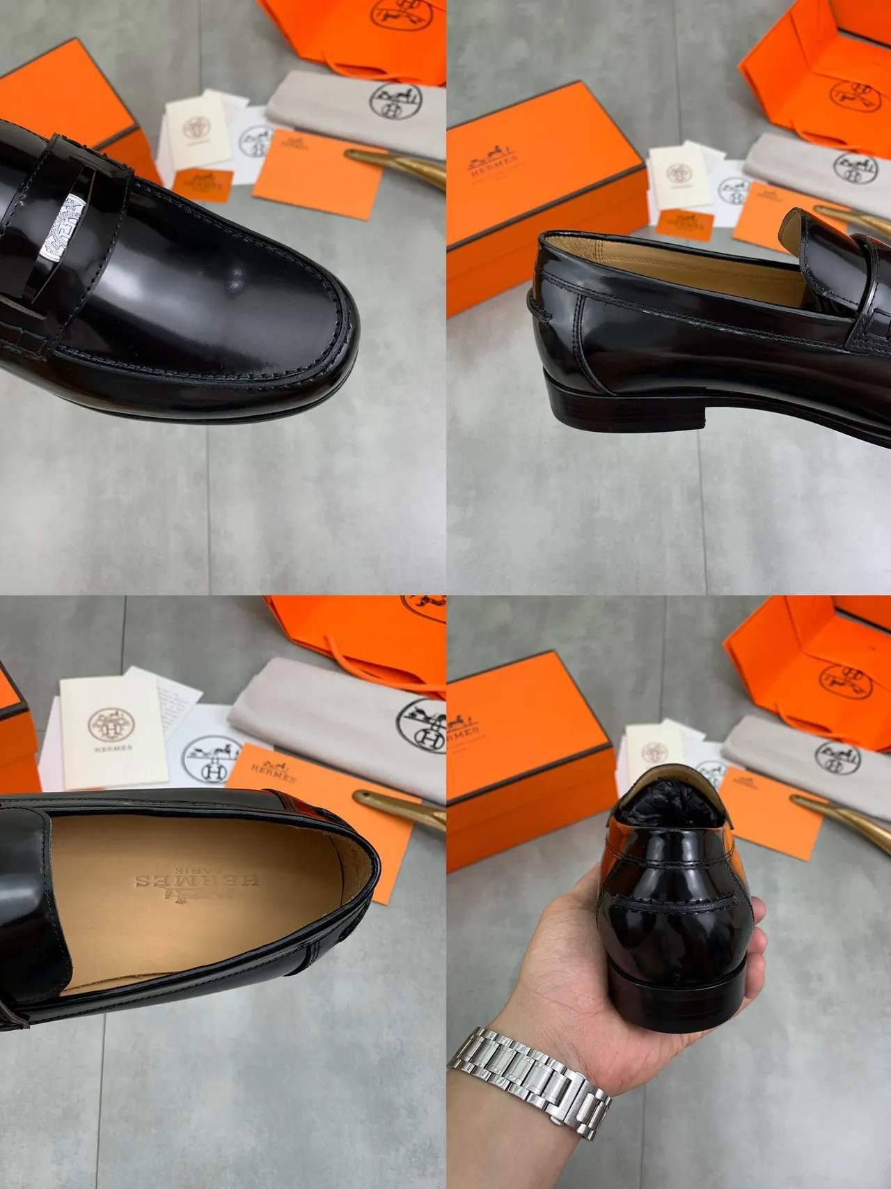 Hermès Black Silver Glossy Patent Leather Horsebit Buckle Loafer 2