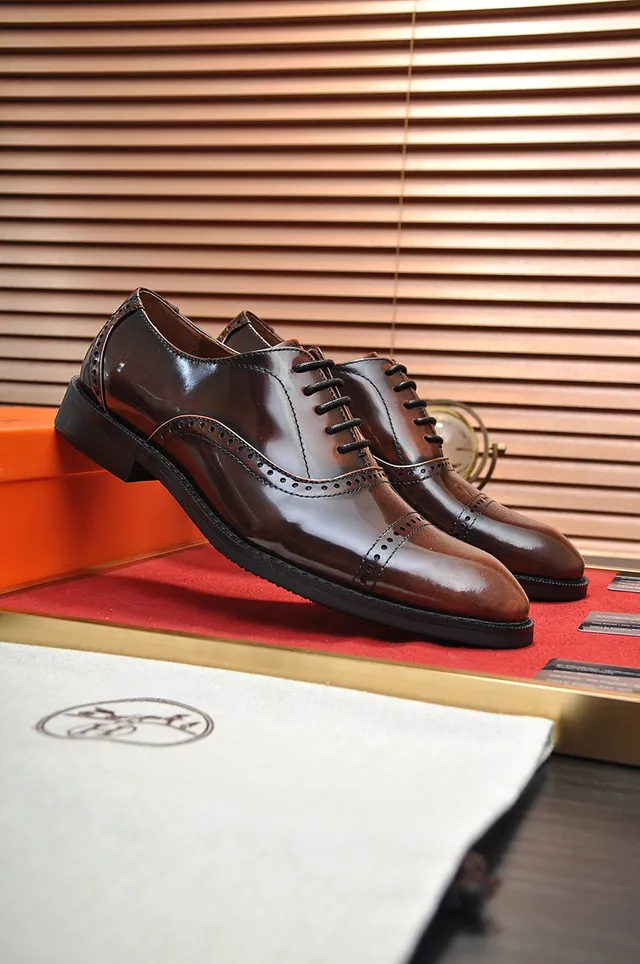 Hermès Marrom Preto Bico Redondo Couro Polido Brogue 8