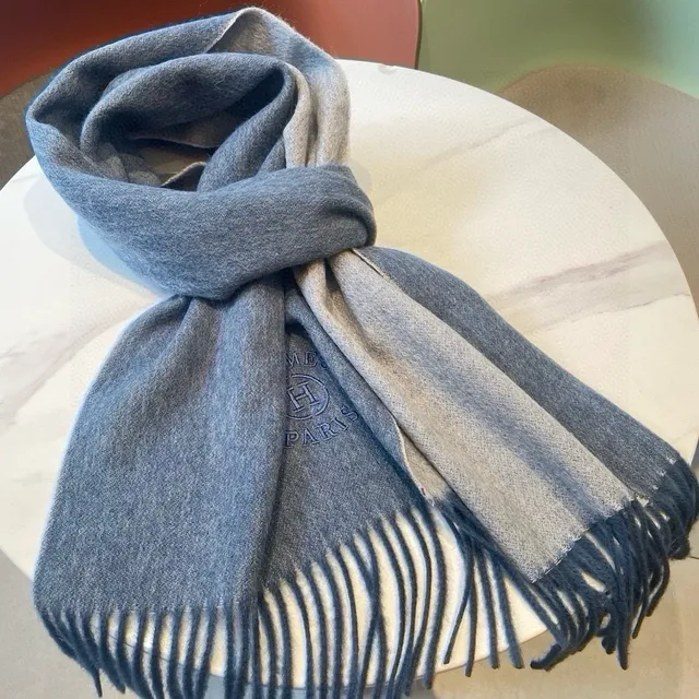 Hermès Logo brodé Bleu Heather Cashmere écharpe 5