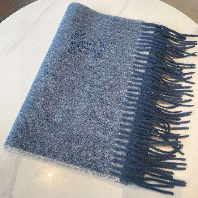 Hermès Logo brodé Bleu Heather Cashmere écharpe 7