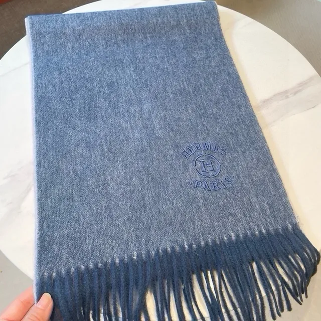 Hermès Logo brodé Bleu Heather Cashmere écharpe 8