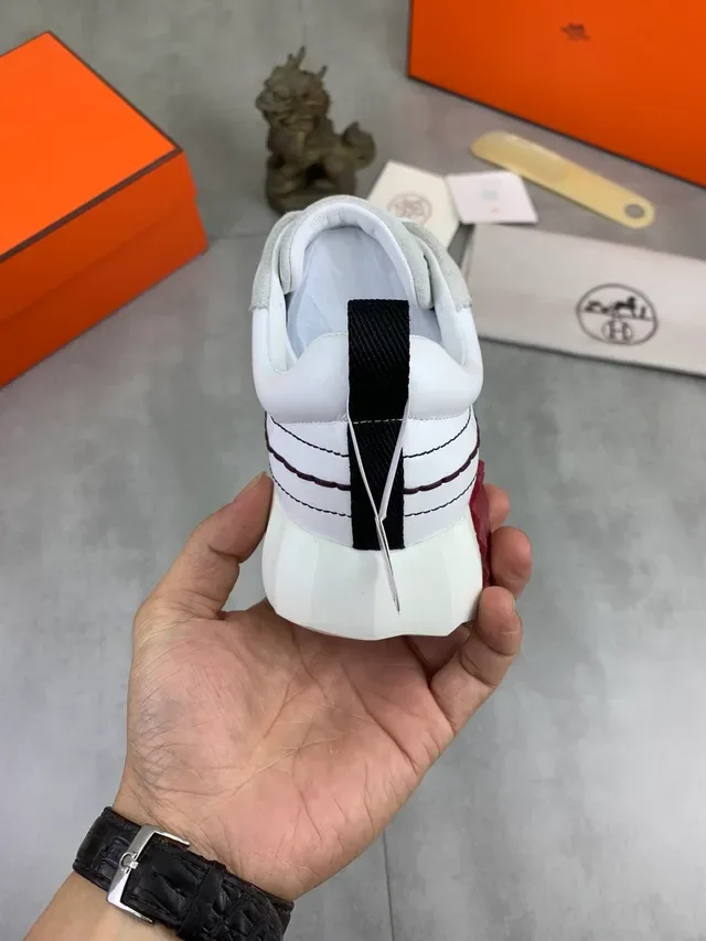 Hermès Grid-Stitched White and Gray Suede Lifestyle Sneakers 3