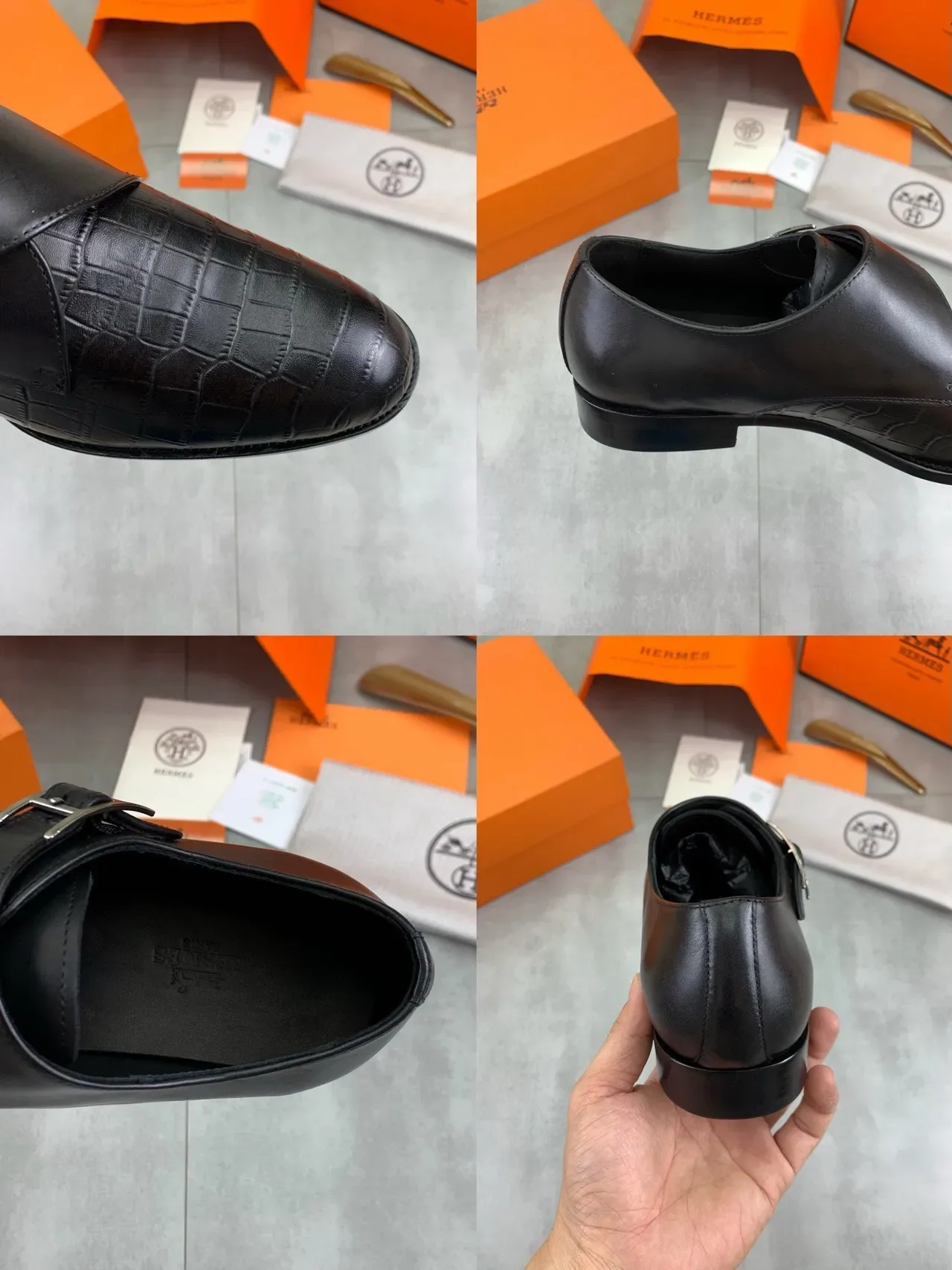 Hermès H-Buckle काला मगरमछ त्वचा पुरुष मंकी जूते 3