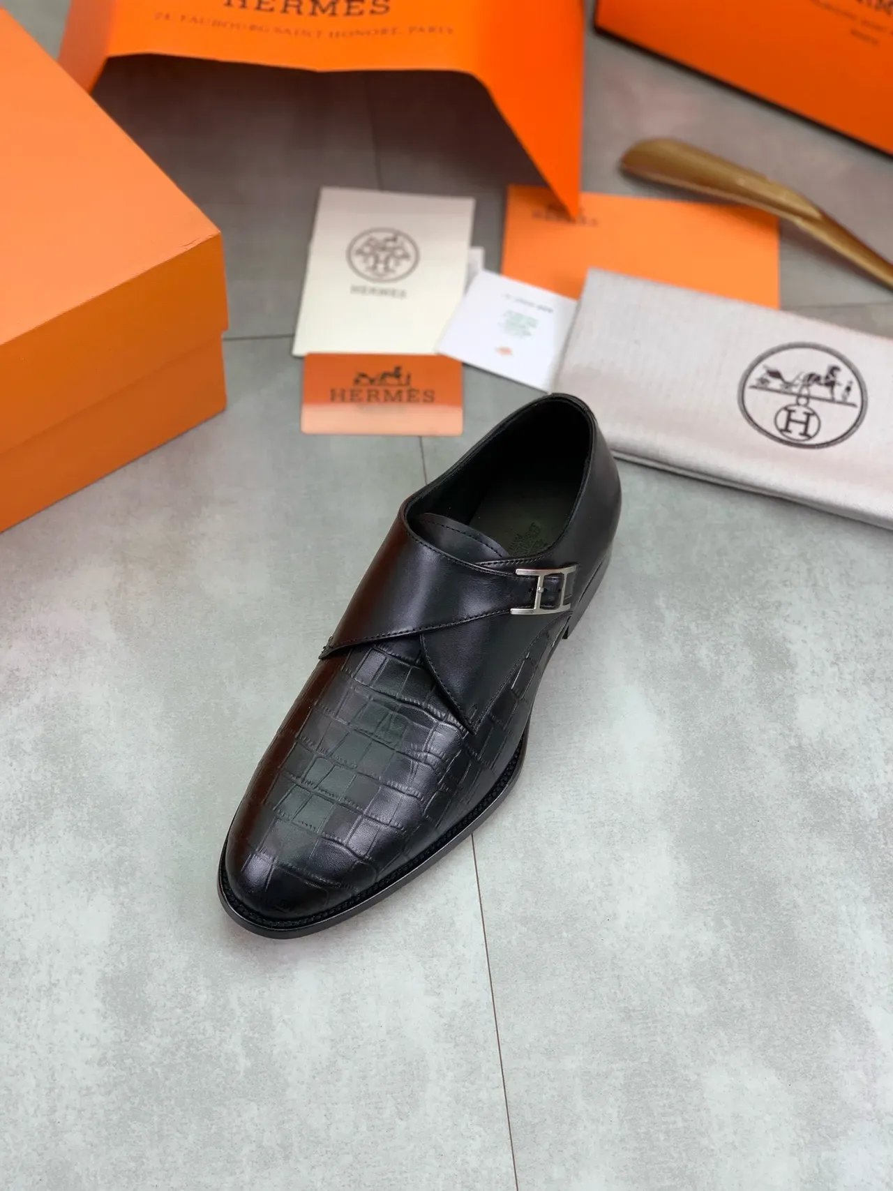 Hermès H-Buckle काला मगरमछ त्वचा पुरुष मंकी जूते 5