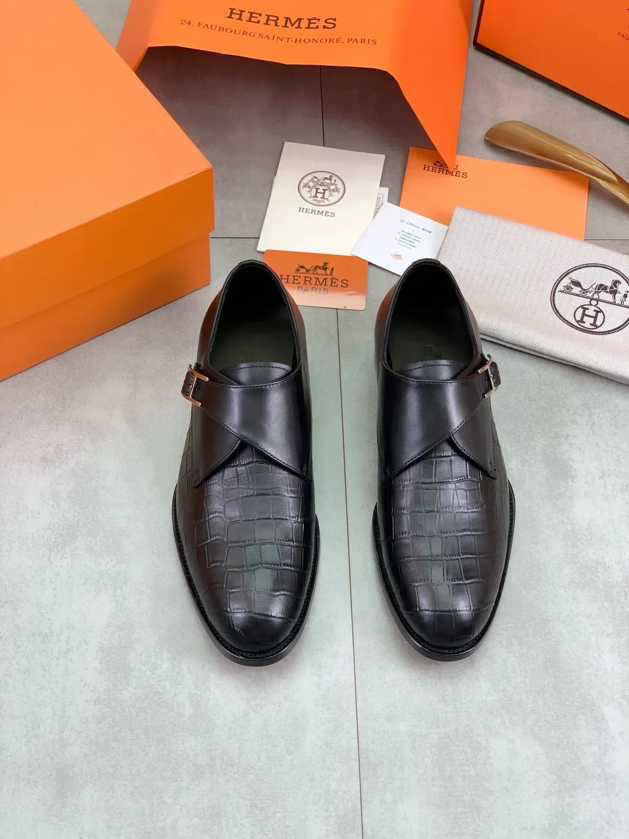 Hermès H-Buckle काला मगरमछ त्वचा पुरुष मंकी जूते 6