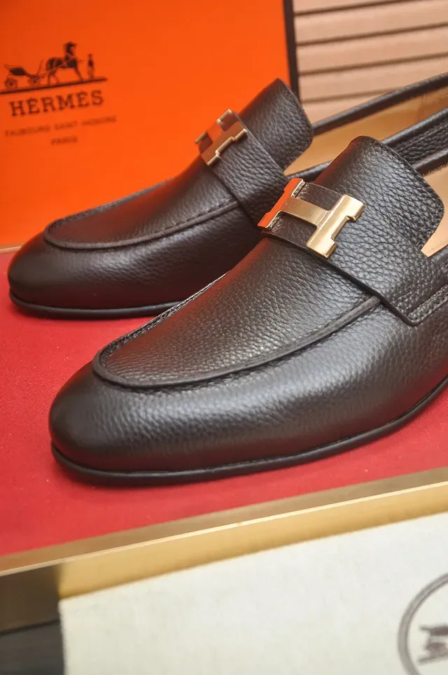Hermès H Loafer Brown Pebbled Leather Gold Buckle Loafers 2
