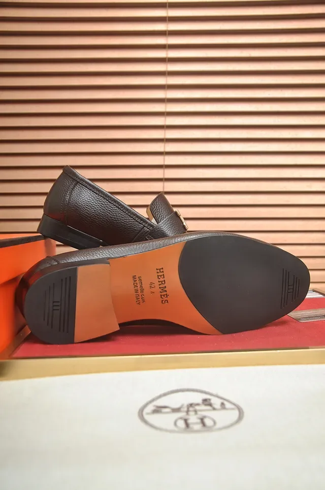Hermès H Loafer Brown Pebbled Leather Gold Buckle Loafers 3
