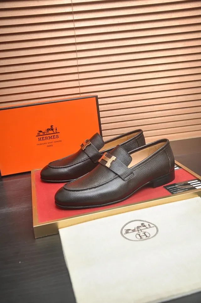 Hermès H Loafer Brown Pebbled Leather Gold Buckle Loafers 4
