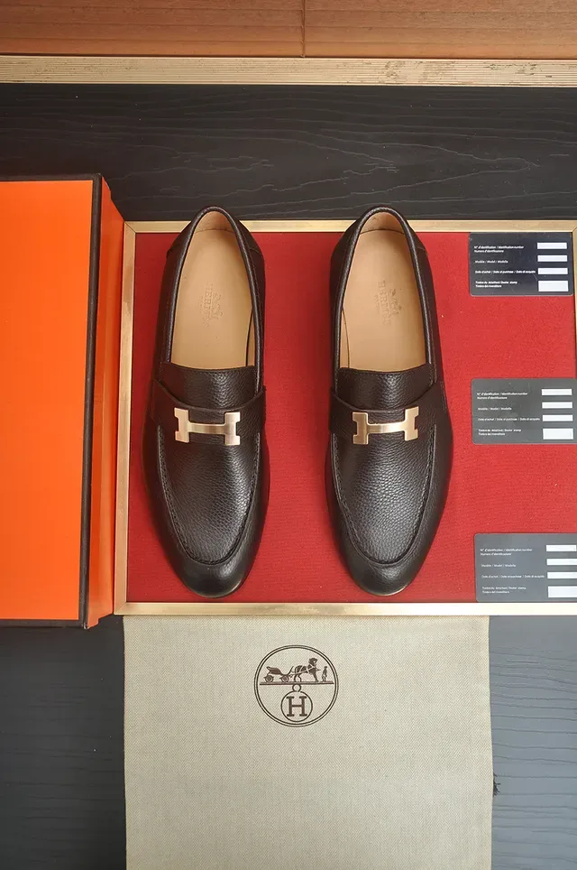 Hermès H Loafer Brown Pebbled Leather Gold Buckle Loafers 5