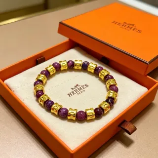 Hermès H-Motif বেগুনি পাথর এবং গোল্ড-টোন বীডড ব্রেসলেট