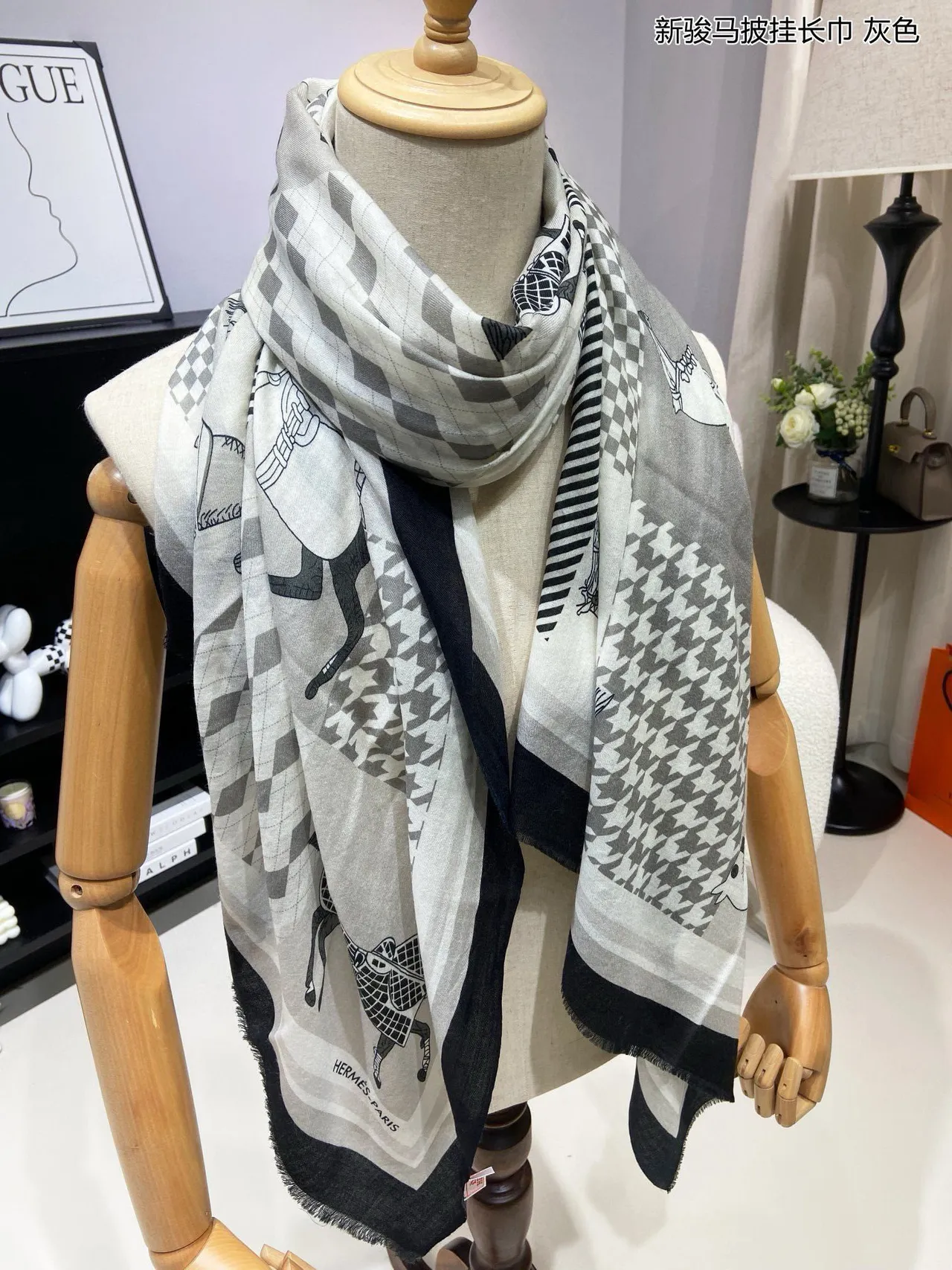 Hermès motivo de cavalo patchwork geométrico cinza xale 5