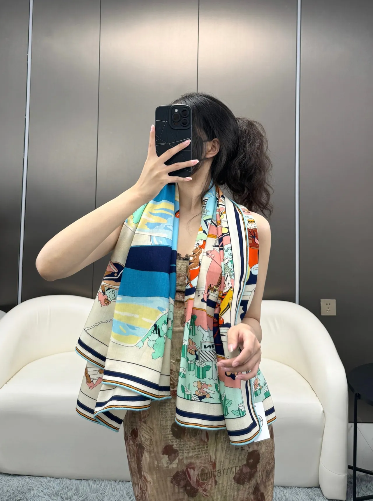 Hermès Illustrated Cartoon Print Beige Silk Scarf 4