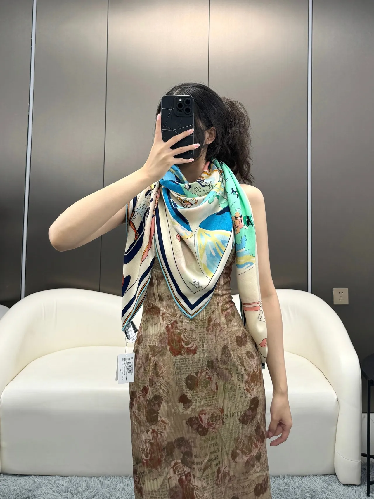 Hermès Illustrated Cartoon Print Beige Silk Scarf 5