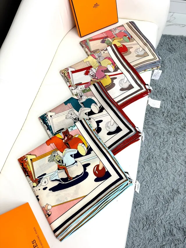 Hermès Illustrated Cartoon Print Beige Silk Scarf 6