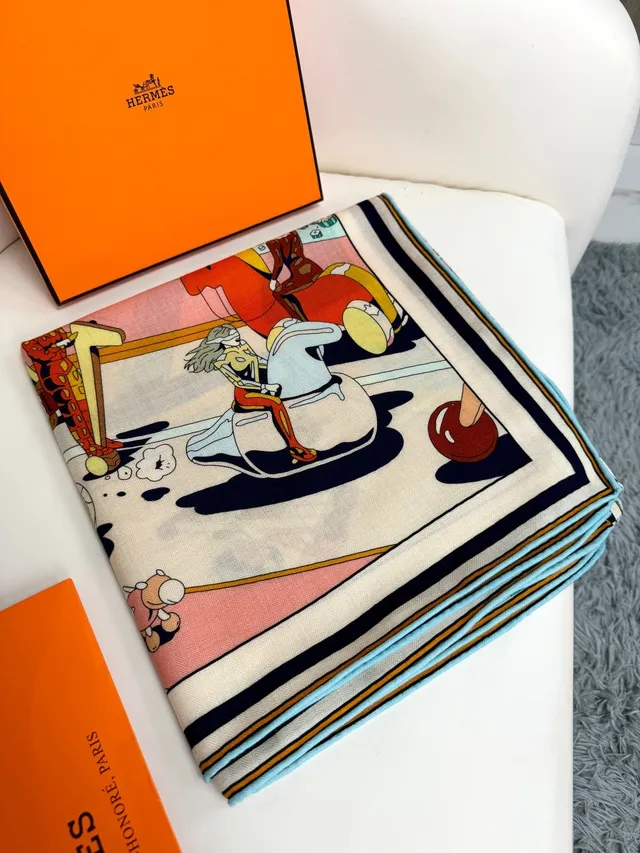 Hermès Illustrated Cartoon Print Beige Silk Scarf 7