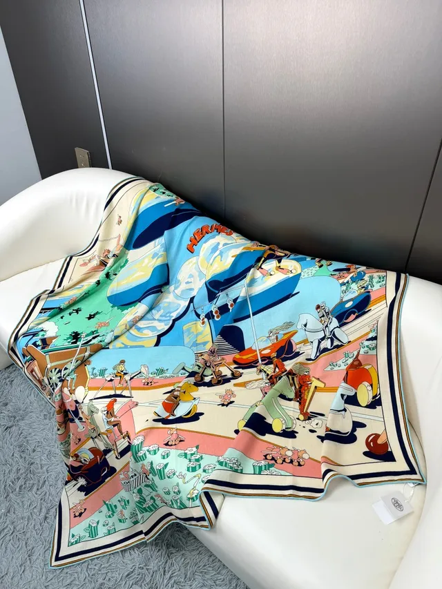 Hermès Illustrated Cartoon Print Beige Silk Scarf 8