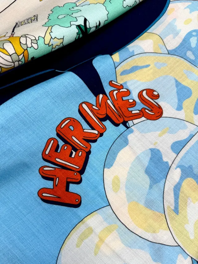 Hermès Illustrated Cartoon Print Beige Silk Scarf 9