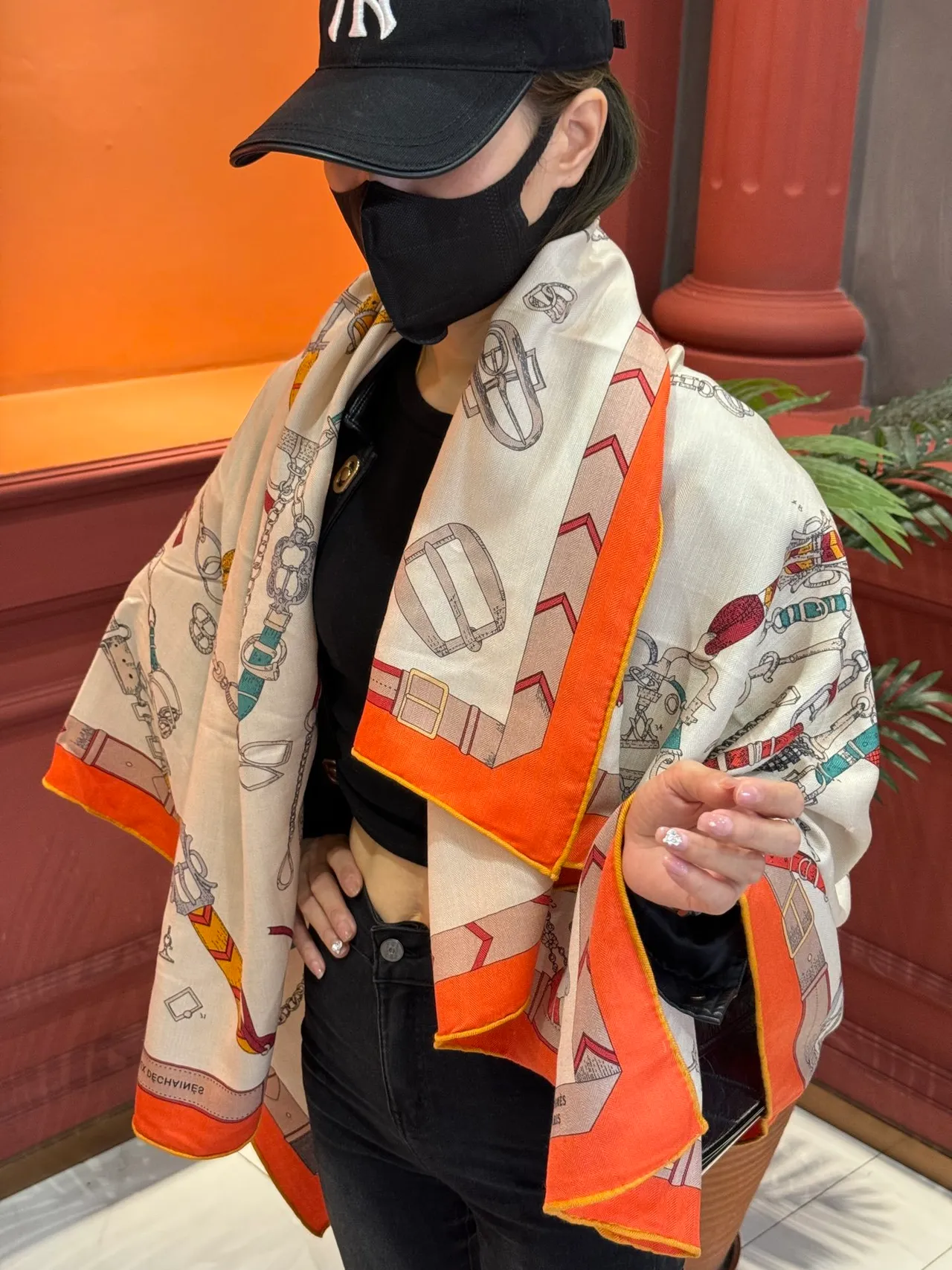 Hermès Les Déchaînés Cream and Orange Silk Scarf 2