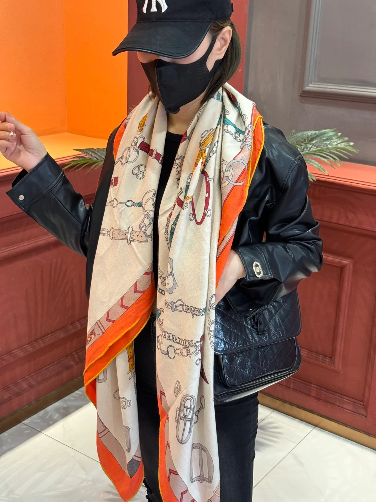 Hermès Les Déchaînés Cream and Orange Silk Scarf 3