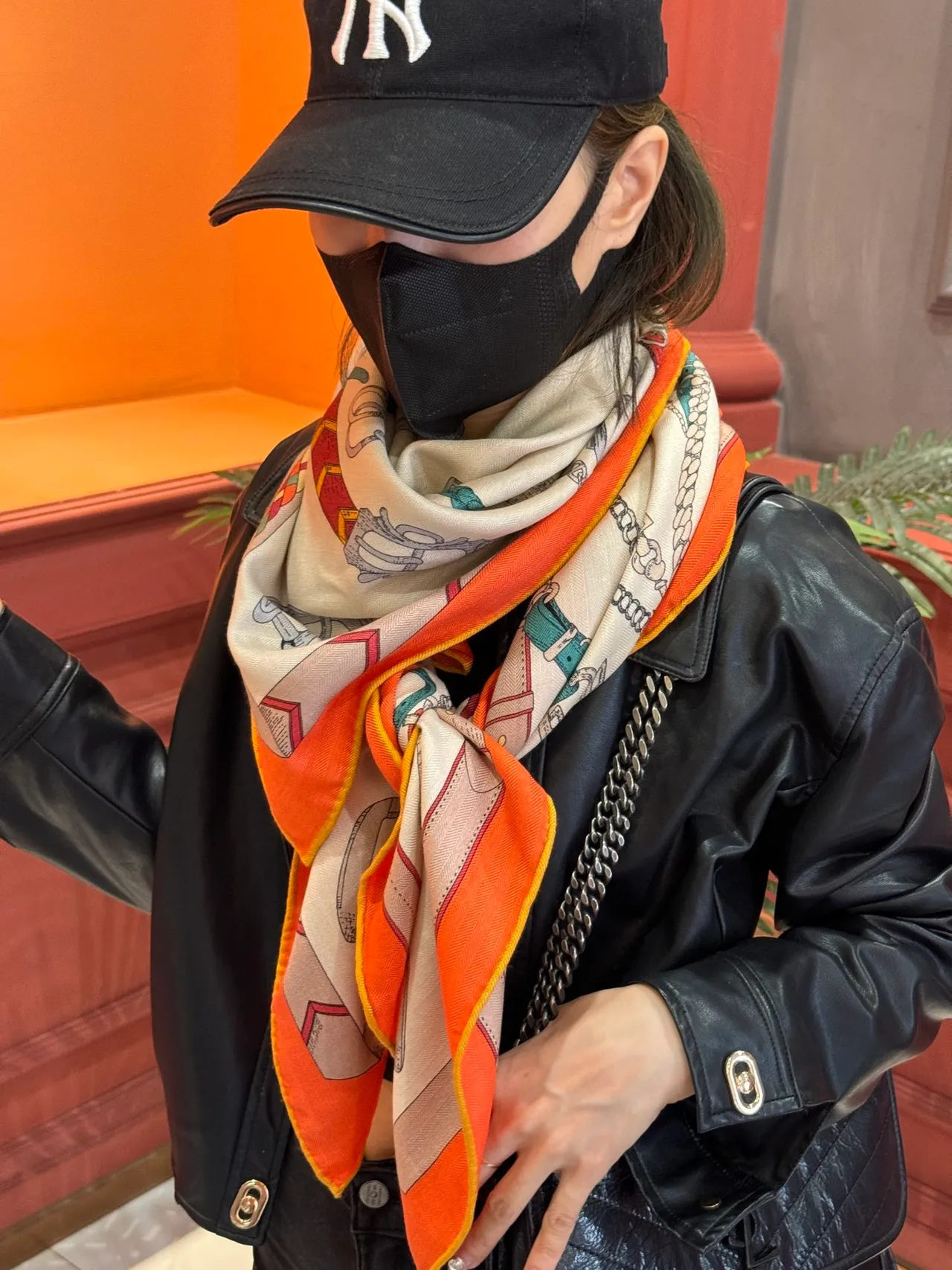 Hermès Les Déchaînés Cream and Orange Silk Scarf 4