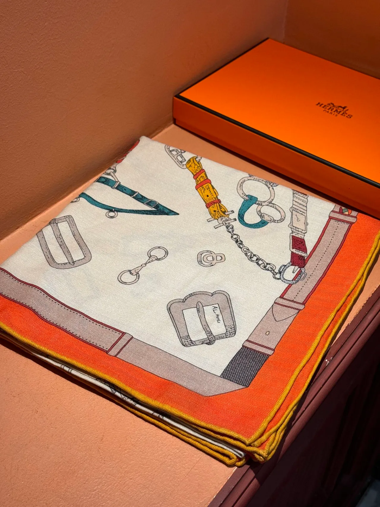 Hermès Les Déchaînés Cream and Orange Silk Scarf 6