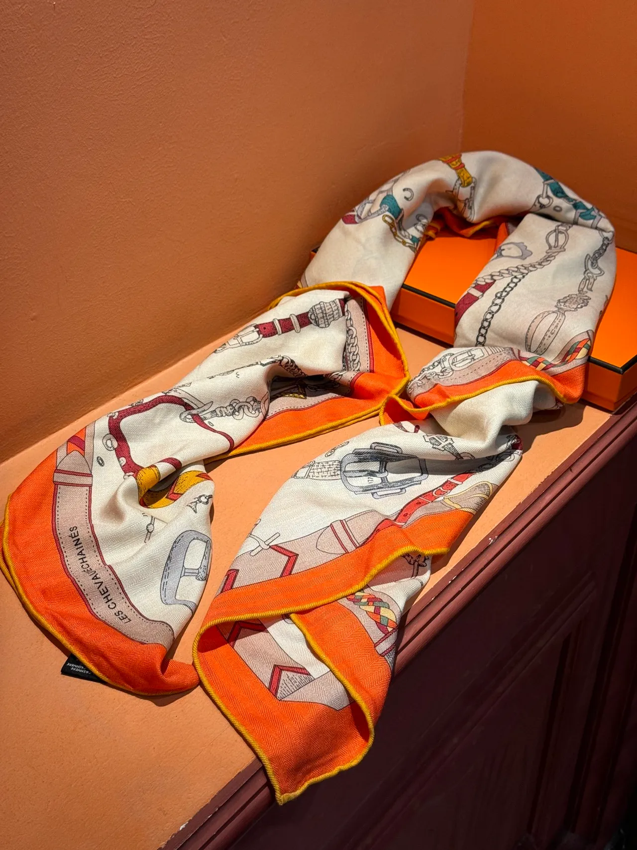 Hermès Les Déchaînés Cream and Orange Silk Scarf 7