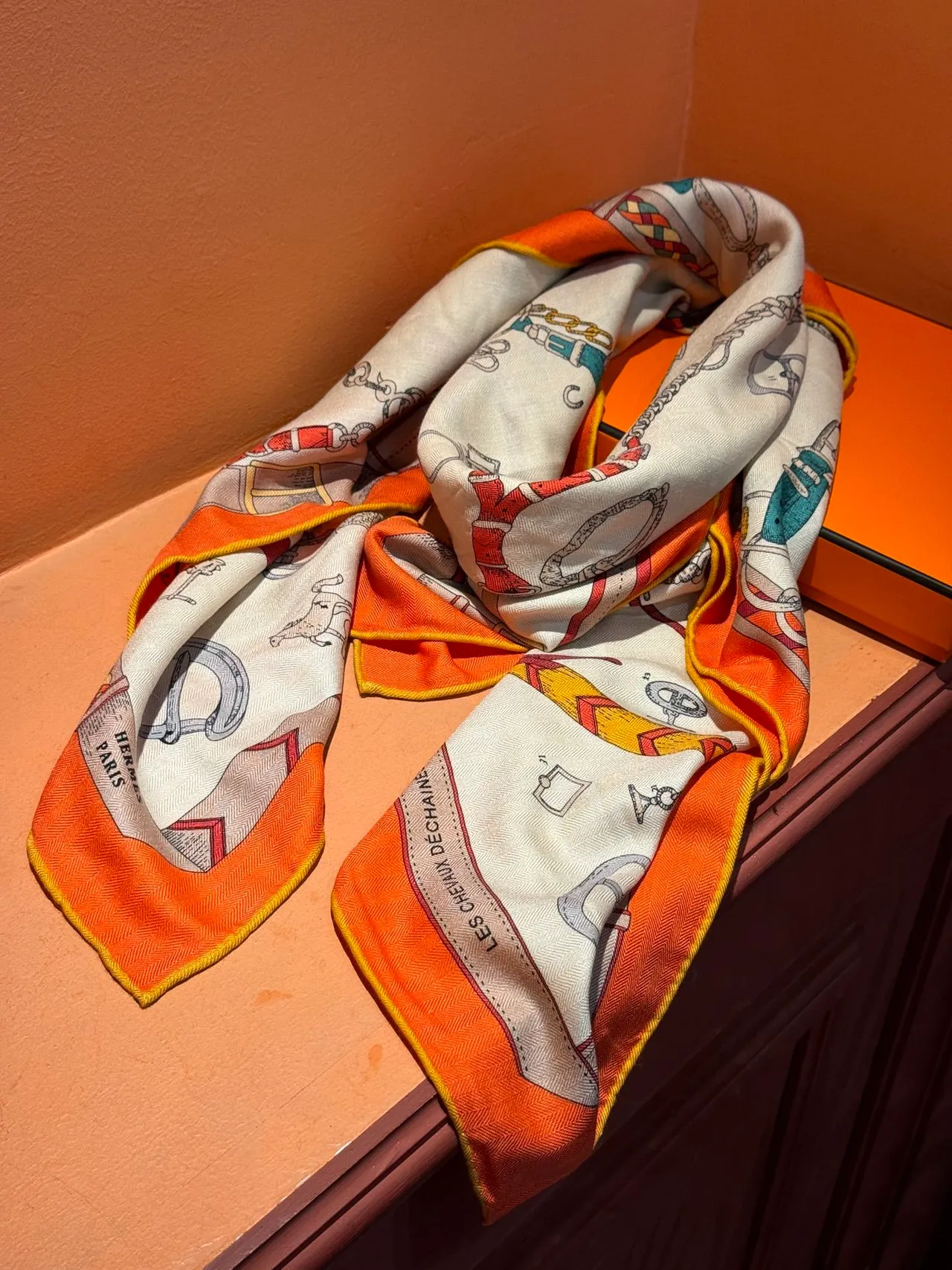 Hermès Les Déchaînés Cream and Orange Silk Scarf 8