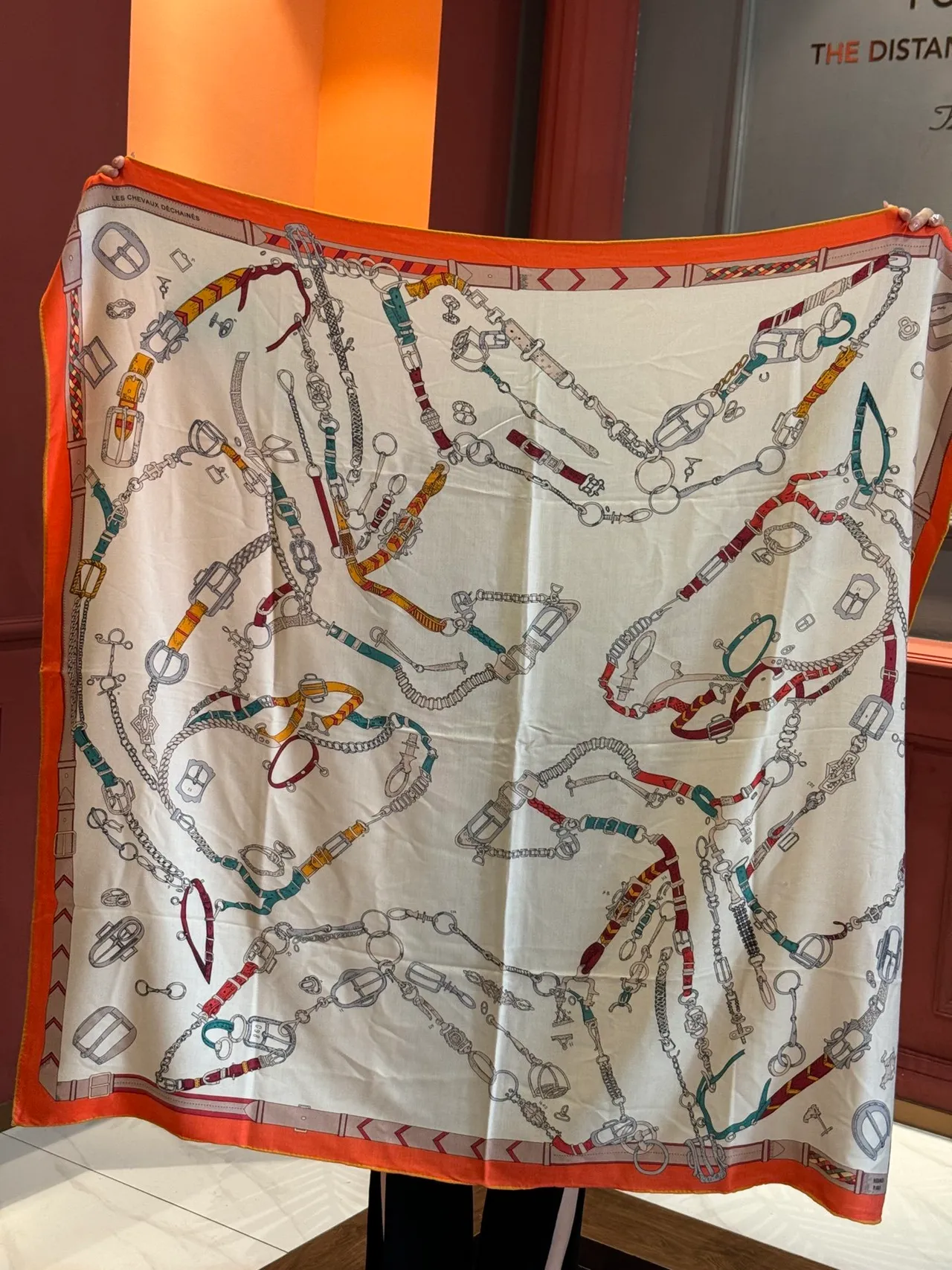 Hermès Les Déchaînés Cream and Orange Silk Scarf 9