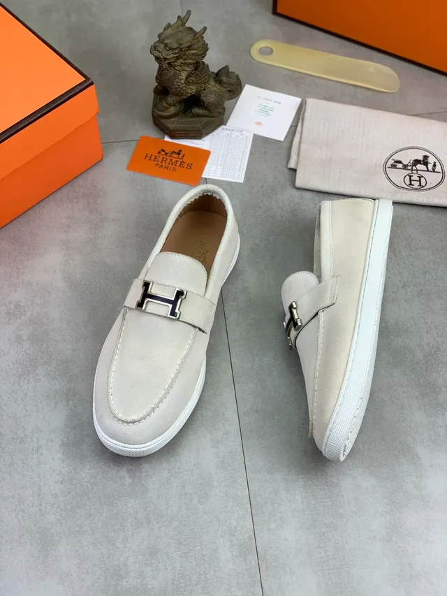 Hermès Oran Beige White Suede Upper H-Buckle Hardware Loafer 5