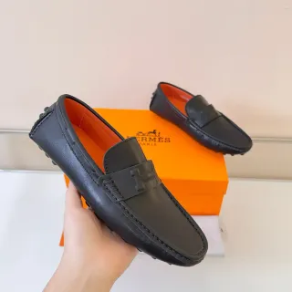 Hermès Oran 黑色皮革 H-Logo 鞋带 乐福鞋