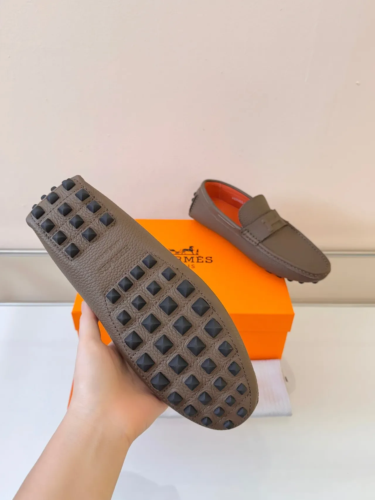 Hermès Oran Mocassin Cuir Pebbled Marron Orange Sangle H 5