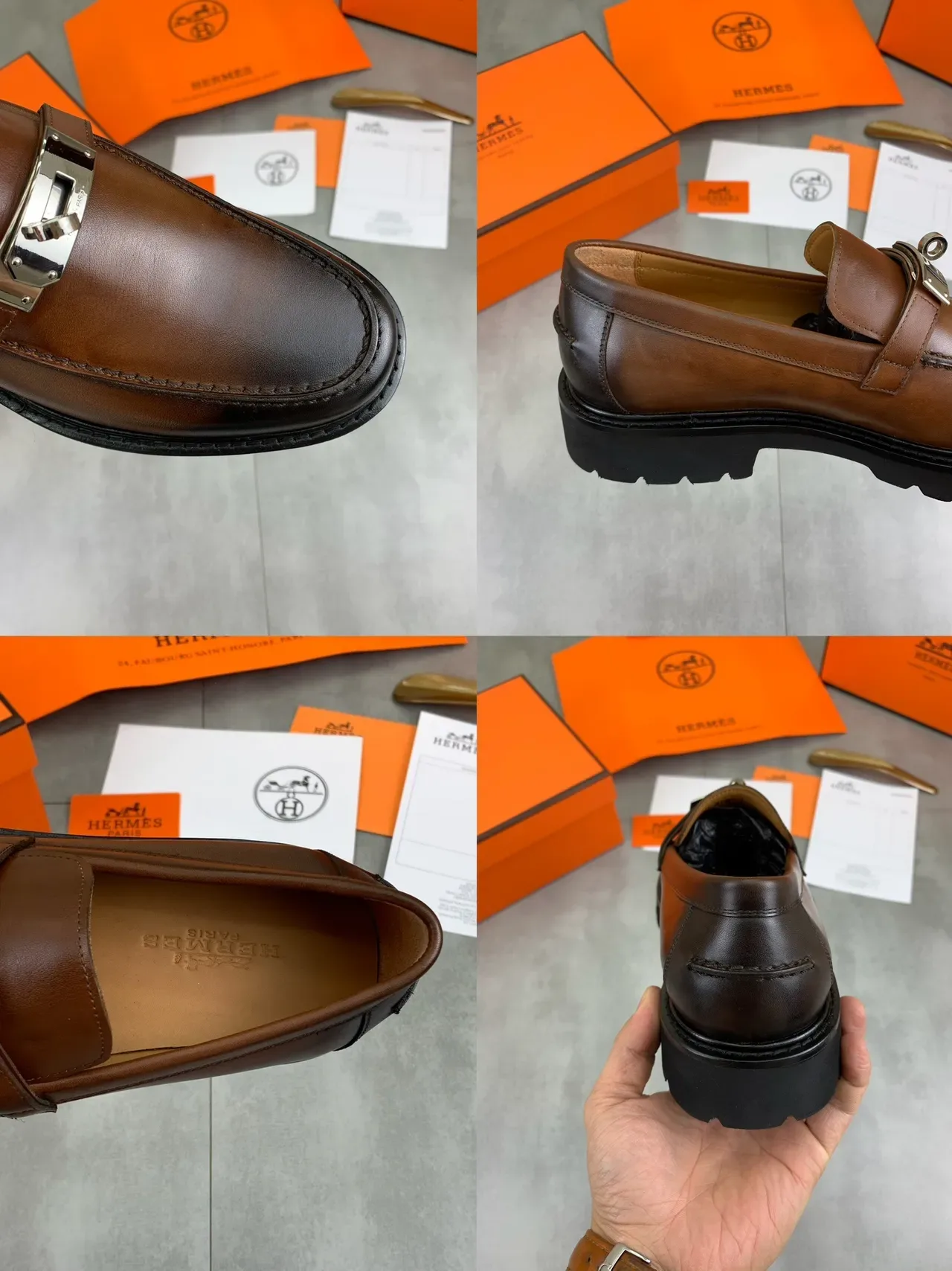 Hermès Oran लोफर भूरा काला चमकदार चमड़ा मेटल टर्न-लॉक बकल 2