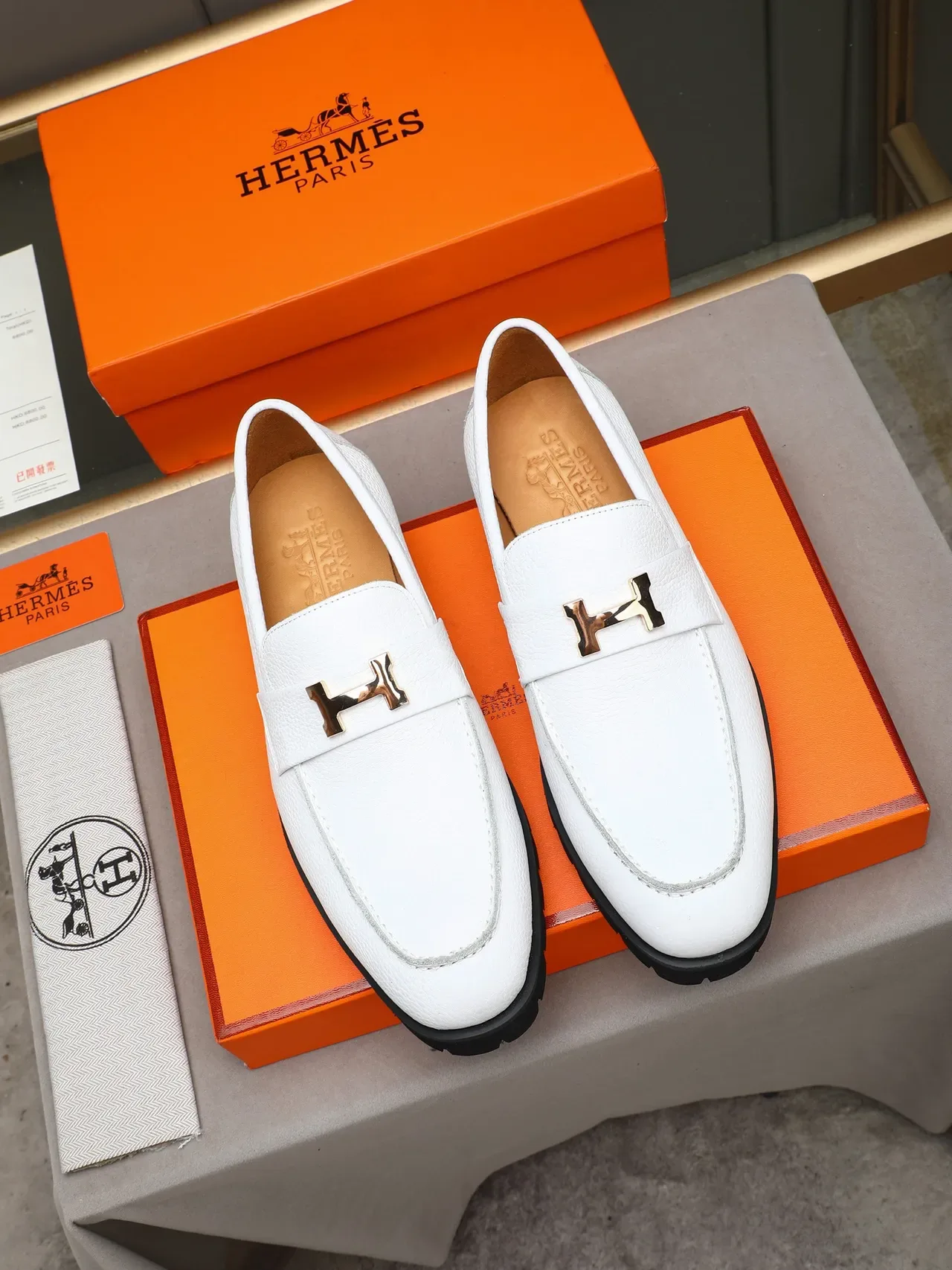 Hermès Oran Loafer White Pebbled Leather Gold Buckle Chunky Sole Loafer 3