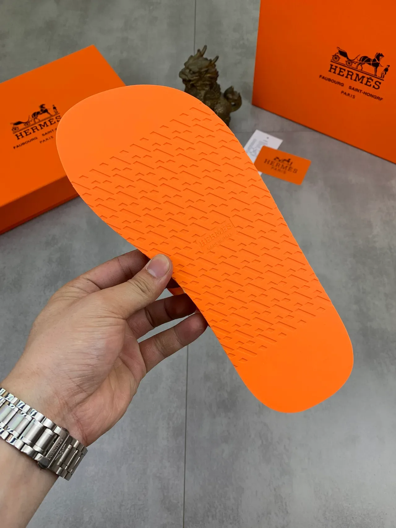 Hermès Oran Orange Black Flip-Flop Textured Rubber Sole Slippers 6