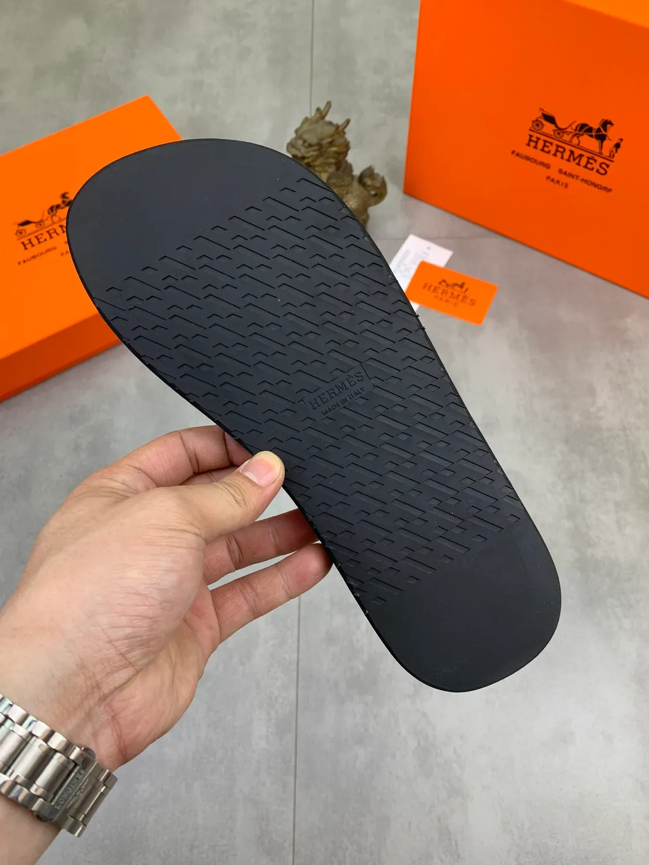Hermès Oran Orange Black Flip-Flop Textured Rubber Sole Slippers 7