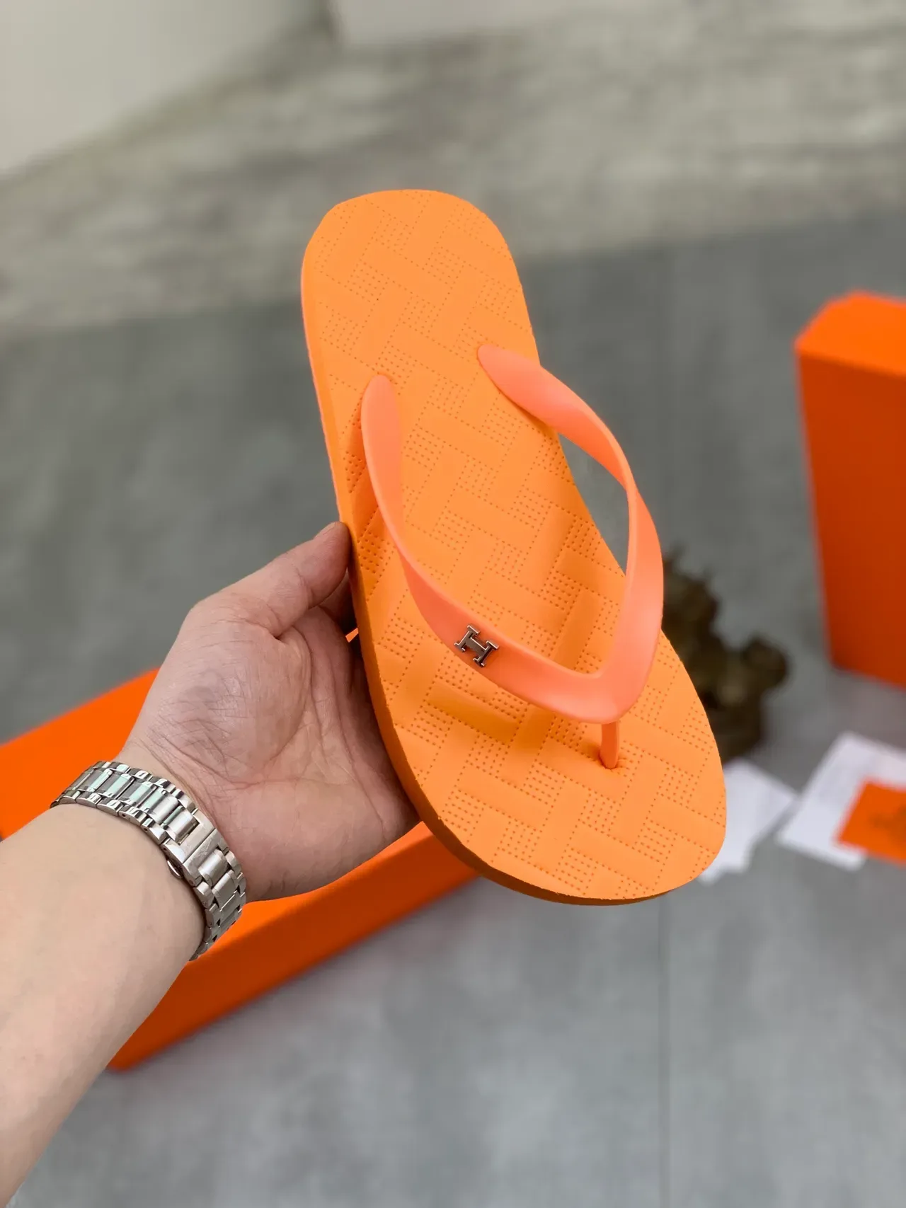 Hermès Oran Orange Black Flip-Flop Textured Rubber Sole Slippers 13