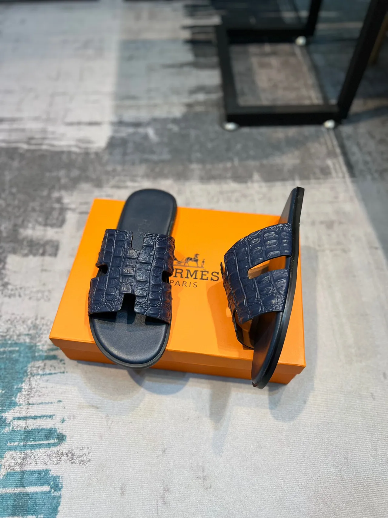 Hermès Oran Slides Navy Crocodile-Embossed Leather Slippers 5