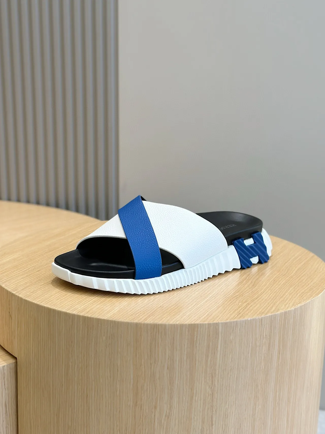 Hermès Oran White Blue Crossed Leather Straps Sculpted Ridged Sole Slippers 2