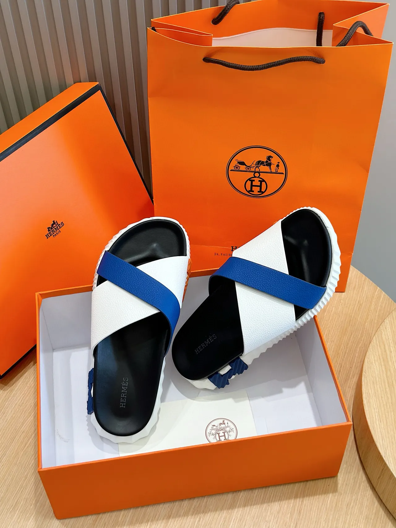 Hermès Oran White Blue Crossed Leather Straps Sculpted Ridged Sole Slippers 8