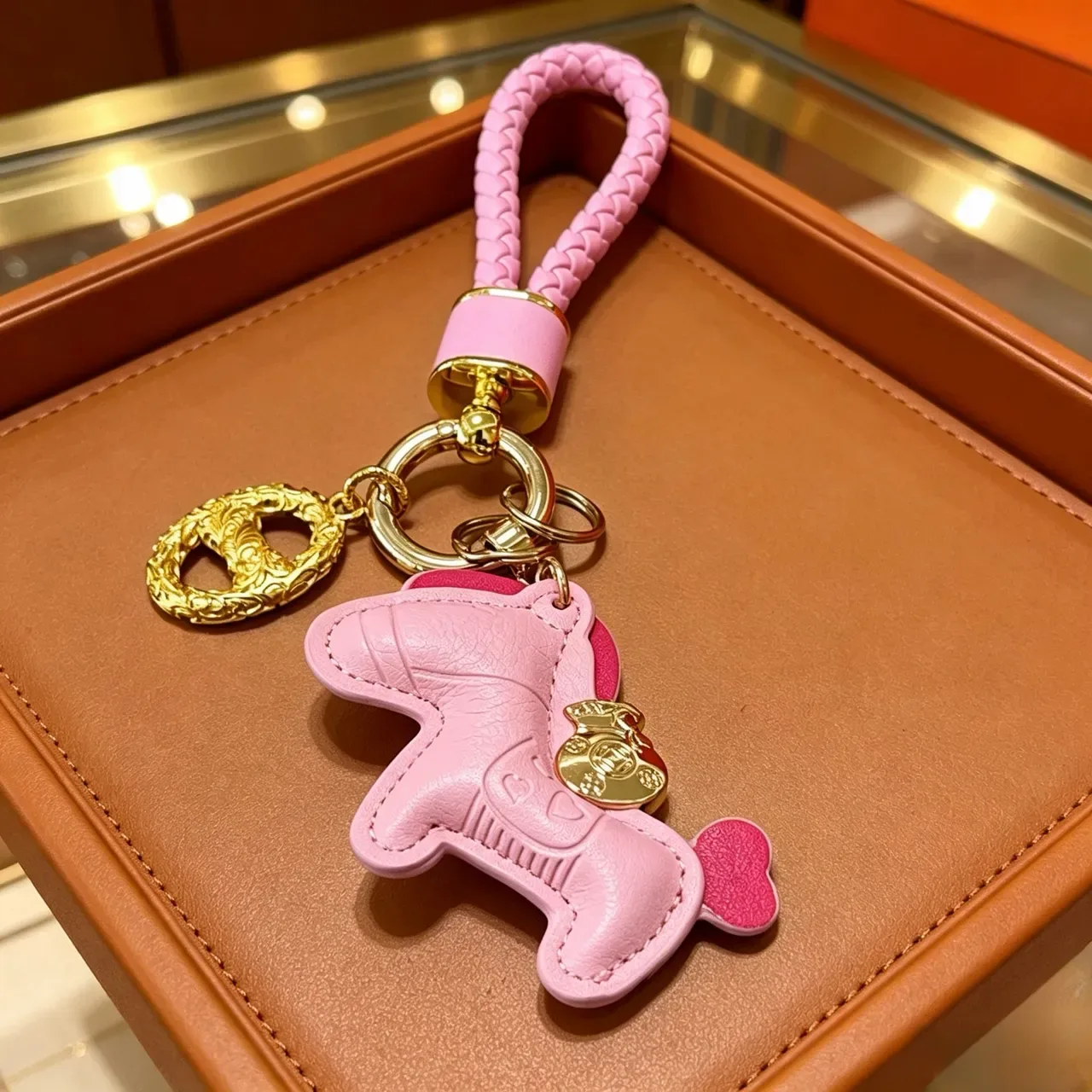 Hermès Pink Gold Leather Horse Charm Braided Strap Handbag 5