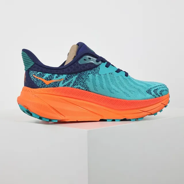 Hoka Blue Orange Engineered Knit Upper Flared Midsole Running Shoes 7
