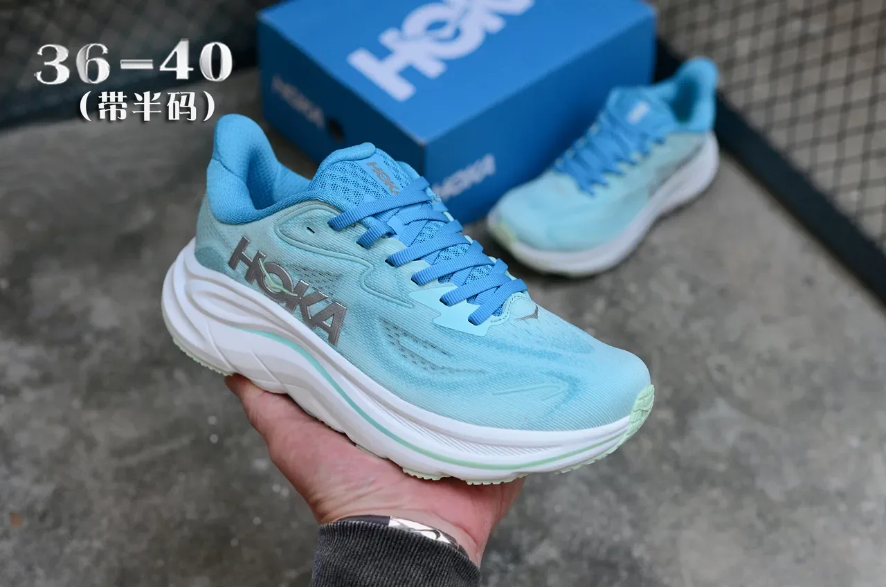 Hoka Blue White Engineered Knit Upper Thick Sculpted Midsole Running Shoes 3