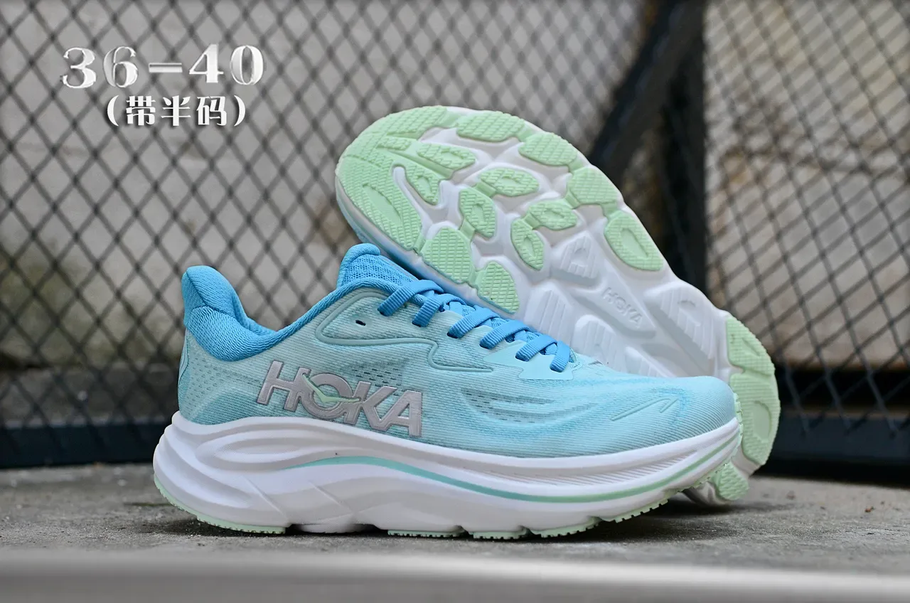 Hoka Blue White Engineered Knit Upper Thick Sculpted Midsole Running Shoes 7