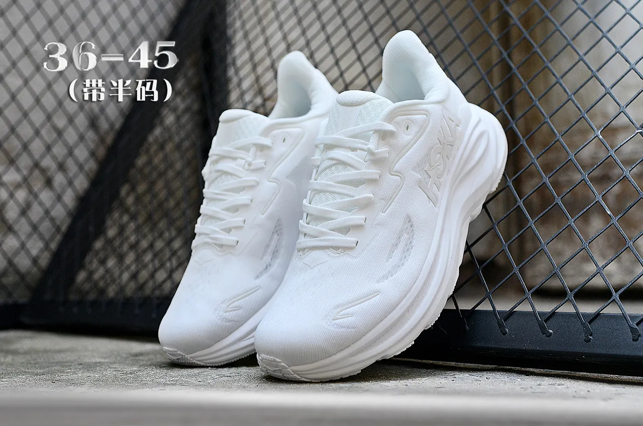 Hoka Clifton White Monochrome Engineered Knit Upper Running Shoes 5