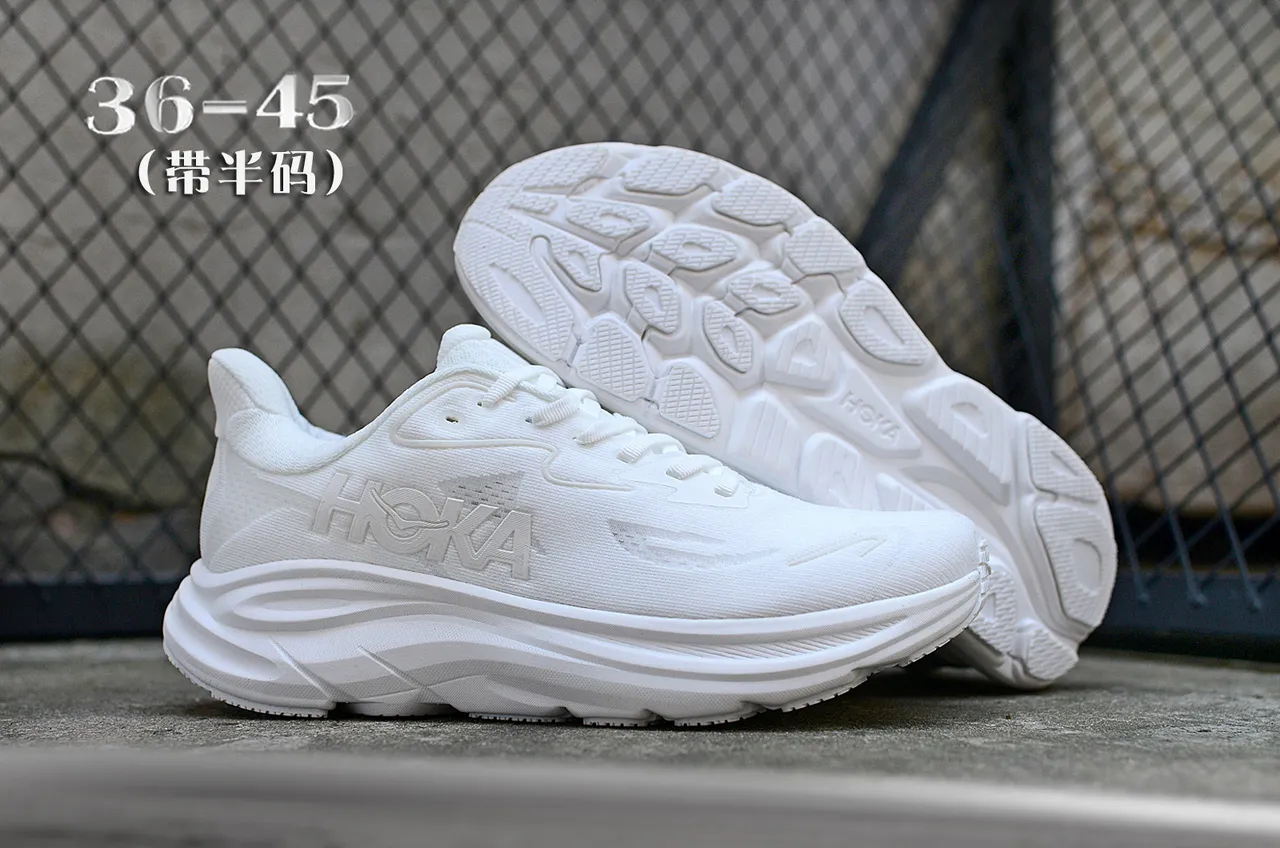 Hoka Clifton White Monochrome Engineered Knit Upper Running Shoes 7