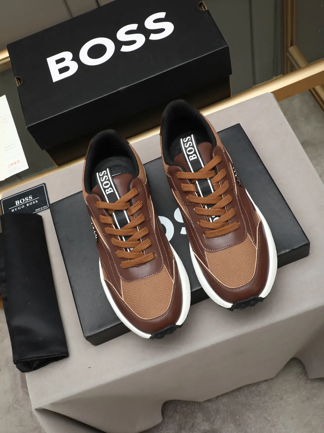 Hugo Boss Baskets chunky hybrides cuir-mesh marron 2