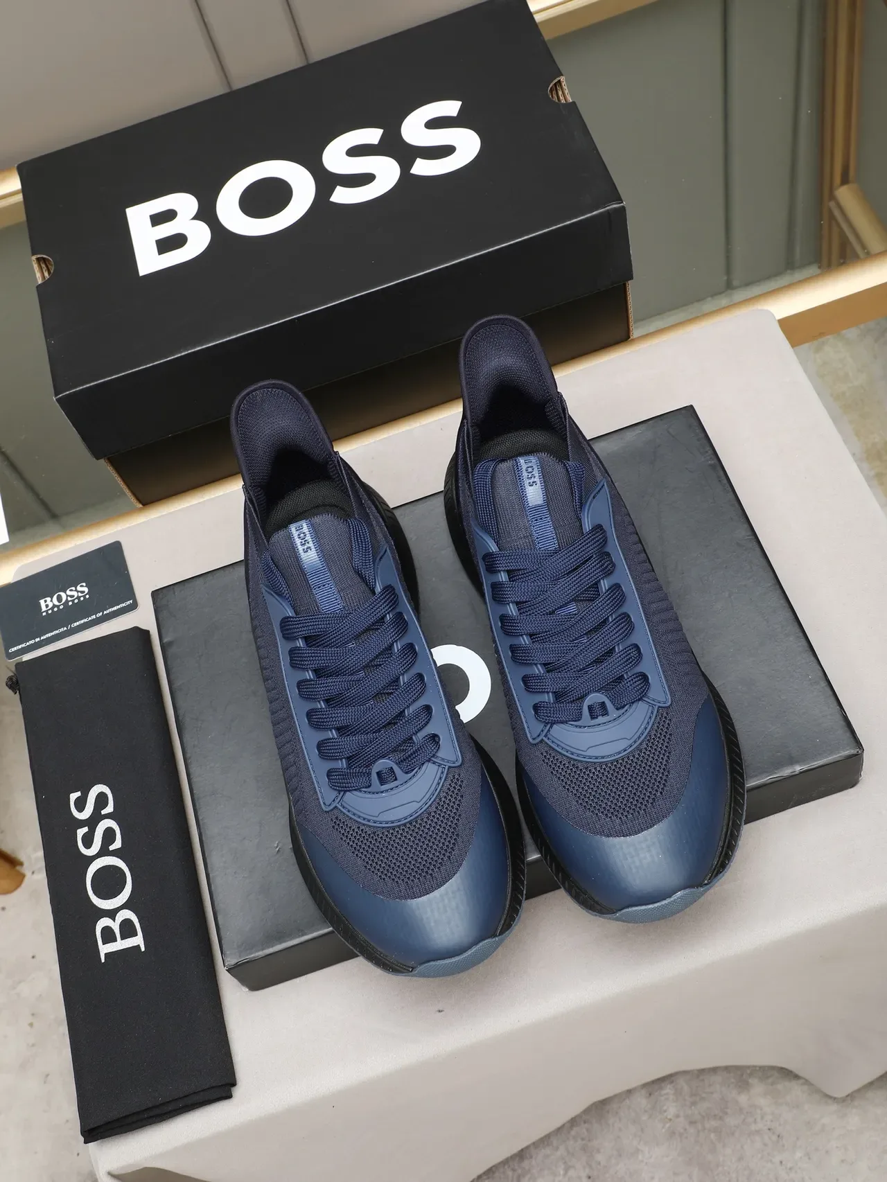 Hugo Boss Sneakers Lifestyle Marinho Preto Tricô Ajuste de Meia Superior Painel de Textura Acanalada 2
