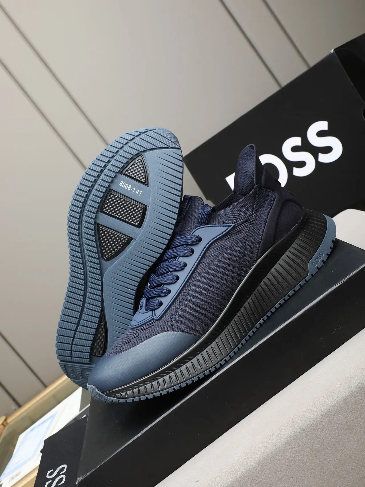 Hugo Boss Sneakers Lifestyle Marinho Preto Tricô Ajuste de Meia Superior Painel de Textura Acanalada 4
